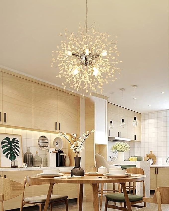 Modern Crystal Chandeliers 9-Light Chrome Dandelion Light Fixture,Firework Chandelier,Personalized Ceiling Hanging Lighting for Bedroom,Dining Room,Kitchen,Aisle Chandelier