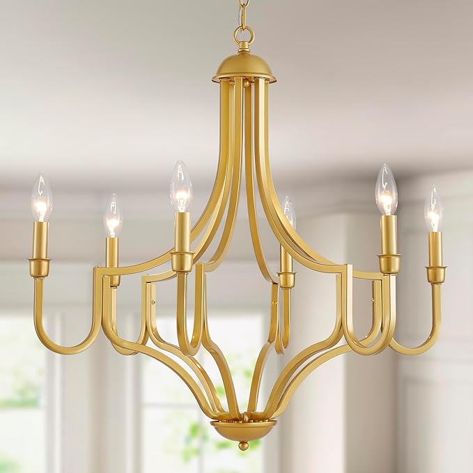 6-Light Maria Theresa Candle Chandelier Gold Ceiling Light Fixture for Dining Room, Living Room, Bedroom, Farmhouse Style, Vintage Antique Design, E12 Socket, D26.4*H28~78.7inch