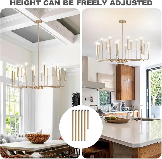 Yiisem Modern Farmhouse Gold Chandelier, 16-Light Rustic Candle Chandelier, Industrial Hanging Chandeliers for Dining Room, Kitchen, Foyer, Entryway, Living Room