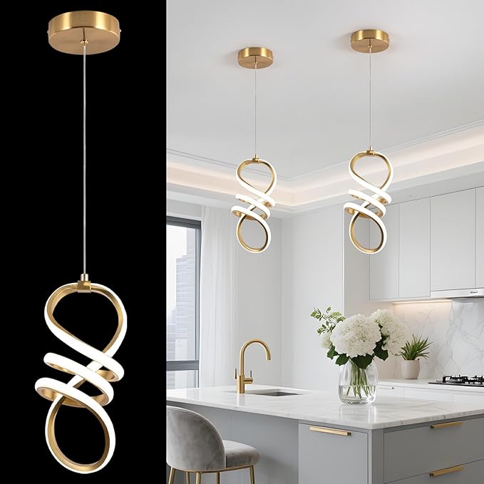 EIDISUNY Modern Led Pendant Light Fixture, 15W LED Pendant Lights Kitchen Island, 4500K Daylight White Pendant Lamp, Adjustable Height Gold Pendant Light for Kitchen Dining Room Bedroom(Gold)