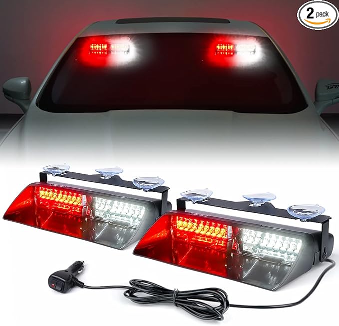 Xprite 2×11 inch High Intensity White Red 32 LED Emergency Strobe Dash Lights, Interior Windshield Flashing Volunteer Firefighter Light w/Suction Cups for Vehicles Trucks