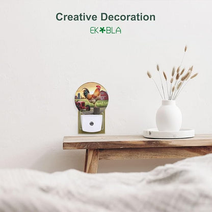 EKOBLA Rooster Plug-in Night Light, Rustic Farm Rooster on Fence LED Nightlight with Dusk to Dawn Sensor for Kids Room & Hallway