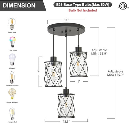 Refice 3-Light Pendant Lights Kitchen Island, Black Kitchen Cluster Hanging Pendant Lights with Clear Glass, Modern Cage Chandelier Light Fixture for Sink Dining Room Bedroom Bar