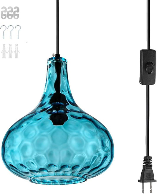 Blue Glass Plug in Pendant Light Fixture, Mid-Century Modern Pendant Lamp with 14.7 ft Cord Hammered Glass Globe Shade,Black Vintage Plug in Hanging Light for Bedroom Dining Living Room