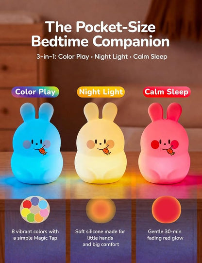 Mini Slumber Pal Bunny Night Light for Kids, 8 Color Changing with Warm Red Glow & Timer, Cute Silicone Squishy Night Light, Portable Rechargeable Night Light for Baby Car Seat, Bedroom & Travel