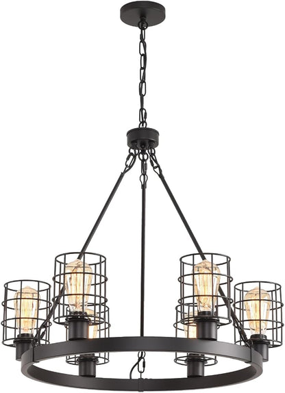 Wagon Wheel Chandelier Modern Farmhouse Pendant Light,Black Farmhouse Chandelier, 6-Light Wagon Wheel Chandelier with Adjustable Height, Dining Room Light Fixture, Hanging Lights