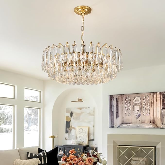 23.6" Modern Crystal Chandelier Gold 3-Tier Luxury Pendant Light Gold Plated Ceiling Pendant Lighting for Dinning Room Living Room Foyer
