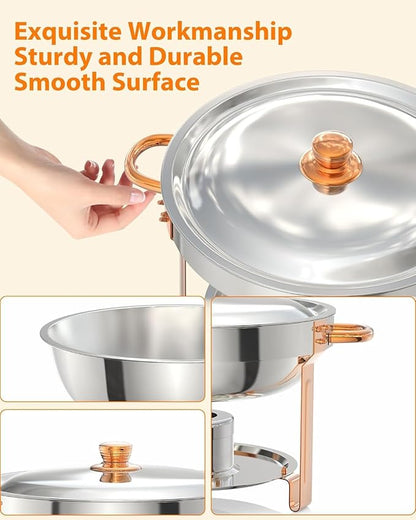 5QT 2 Packs Chafing Dish Buffet Set, Round Stainless Steel Chafers and Warmers Food Servers Sets with Lid & Lid Holder, Spoon & Tweezer for Catering Events Parties Weddings Dinners (Rose Gold, 2 Pack)