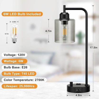 Industrial Bedside Desk Lamps for Bedroom - Grey Smoked Glass Shade Table Lamp with USB C Port, Fully Dimmable Small Lamps with USB Port and Outlet, Reading Nightstand Lamps for Office Living Room