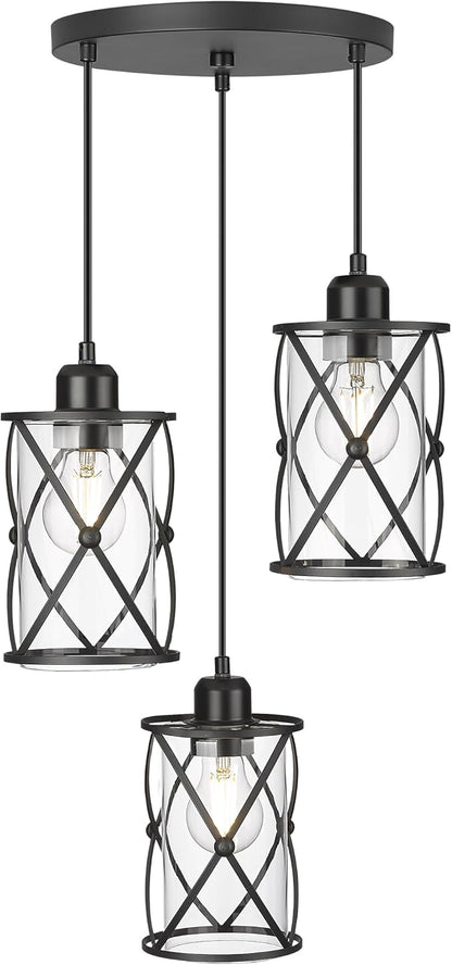 Black Dining Room Chandelier Light Fixtures, 3-Light Pendant Lighting with Clear Glass, Modern Kitchen Island Cluster Hanging Pendant Lights for Sink, CH9176BK3
