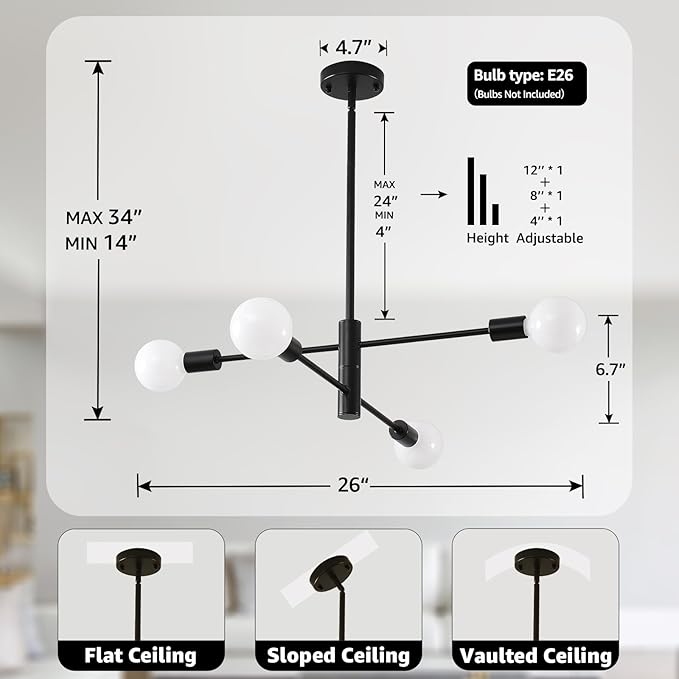 HHR 4-Light Sputnik Chandelier, Black Modern Chandelier Ceiling Light Fixture, Height Adjustable Chandeliers for Dining Room Kitchen Island, Mid Century Pendant Lighting for Living Room