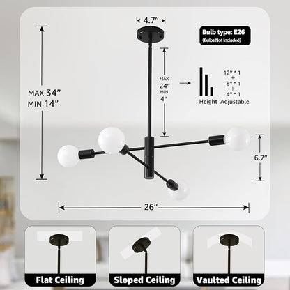 HHR 4-Light Sputnik Chandelier, Black Modern Chandelier Ceiling Light Fixture, Height Adjustable Chandeliers for Dining Room Kitchen Island, Mid Century Pendant Lighting for Living Room
