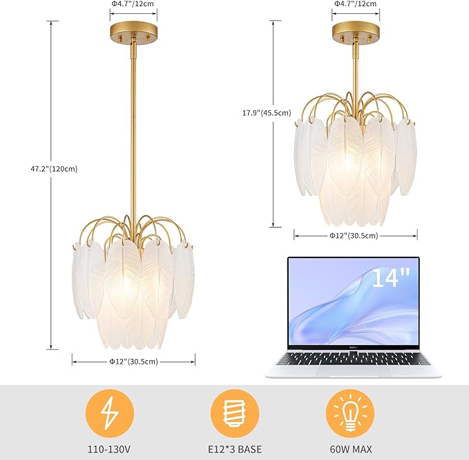 LumFurn D12inch 3-Light Glass Chandeliers, Modern 2-Tier Pendant Light Fixture for Dining Room, Living Room, D12x18~47Inch Adjustable Height, White Frosted Glass Feather Shade & Gold Finish Frame