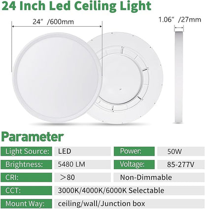 24 Inch Large LED Flush Mount Ceiling Light, 50W,5480LM, 3000K/4000K/6000K CCT Selectable,White Round Flat Panel Low Profile Ceiling Light Fixtures for Hallway, Kitchen, Bedroom, Laundry Room