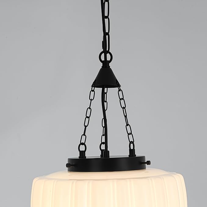 FCTWAKS Milk Glass Pendant Light, 12" Mid Century Modern Schoolhouse Ceiling Light Fixtures, Black Finish with Frosted Glass, Vintage Chandelier for Kitchen Island Dining Room, Bulb Included