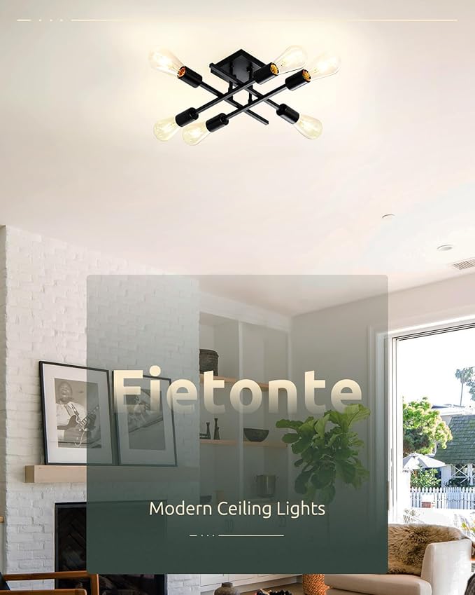 6-Light Semi Flush Mount Ceiling Light Fixture, Industrial Black Close to Ceiling Lighting, Modern E26 Base Sputnik Chandelier Ceiling Lamp for Kitchen Bedroom Living Room Hallway