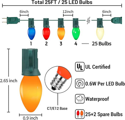 C7 LED Multicolor Christmas Lights Outdoor, 25Ft Vintage Christmas Lights String With 27 LED Ceramic Bulbs (2 Spare Bulbs), Hanging Light for Indoor Outdoor Xmas Tree Home Yard Party Decor, Green Wire