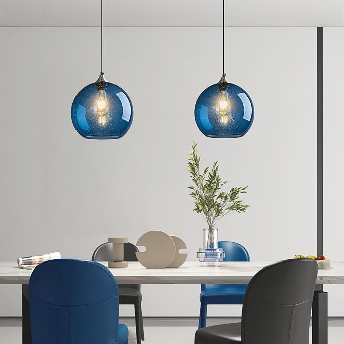Modern 2-Pack Glass Globe Pendant Lights, Blue Modern Pendant Lighting for Kitchen Island, Clear Glass Hanging Lamps for Dining Room Living Room Bedroom, Medium 5.9 Inch Fixture (Bulbs Not Included)