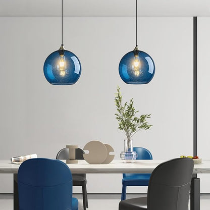 Modern 2-Pack Glass Globe Pendant Lights, Blue Modern Pendant Lighting for Kitchen Island, Clear Glass Hanging Lamps for Dining Room Living Room Bedroom, Medium 5.9 Inch Fixture (Bulbs Not Included)