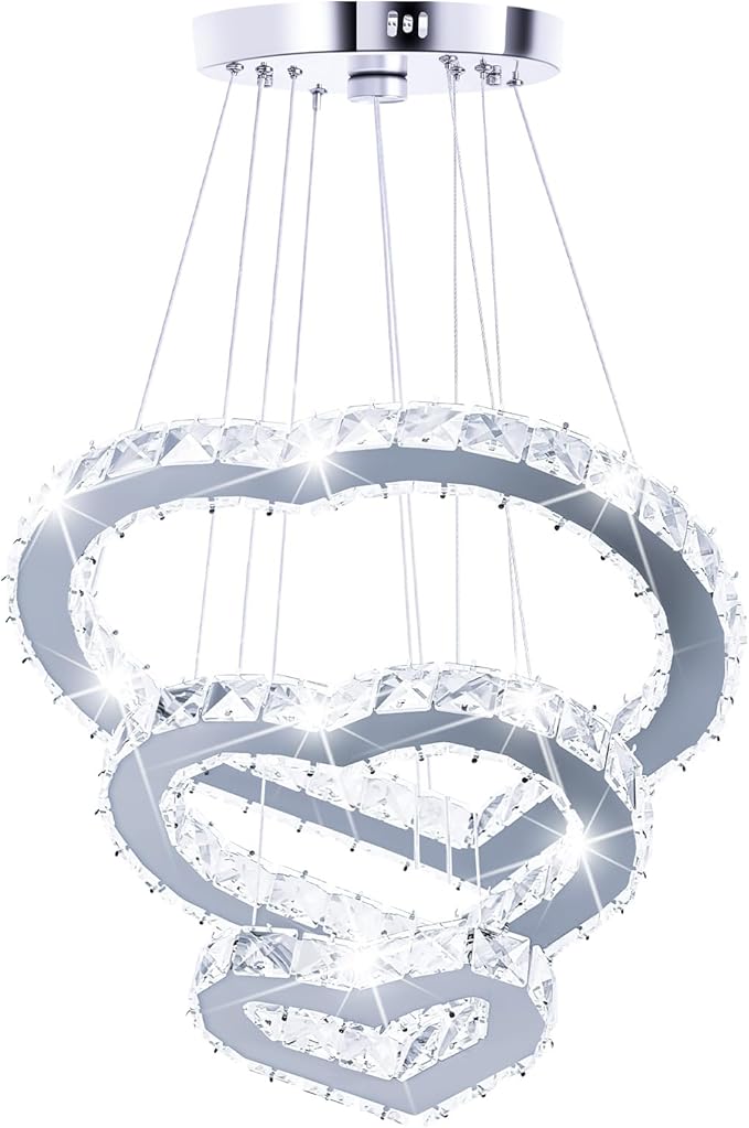 Crystal Chandeliers Modern LED 3 Ring Chandelier Adjustable Ceiling Light Fixtures Pendant Lighting Stainless Steel Hanging Lights for Living Room Dining Room Bathroom Bedroom, Cold White (Heart)
