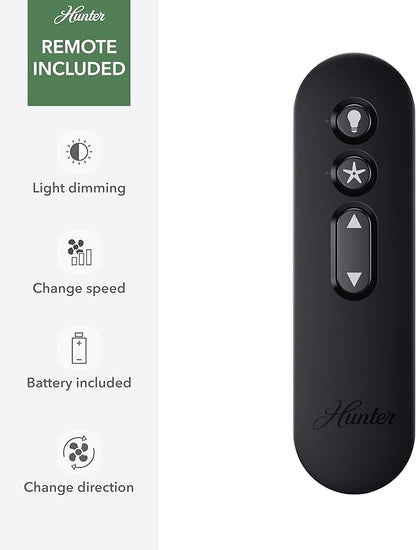 Hunter 52 inch Indoor Ceiling Fan with LED Light and Remote Control - Black Modern Smart Ceiling Fan, Standard Mount, 5 Blades, For Bedroom, Living Room, or Kitchen, Quiet- Aerodyne 51314, Matte Black