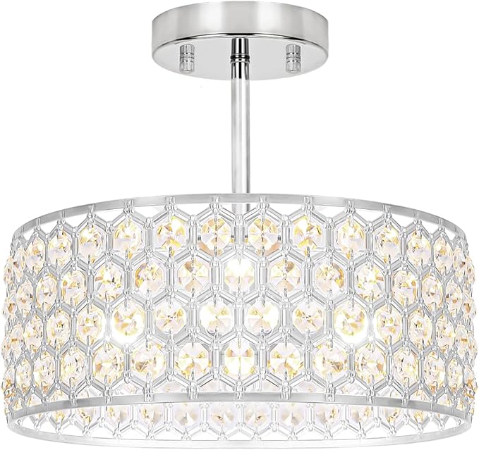 Lxybcce Chrome Crystal Ceiling Light Fixture - Modern Semi Flush Mount Ceiling Light for Hallway, Kitchen Lighting Fixtures Ceiling, Dazzling Prism Chandelier for Foyer Closet Bedroom, 3 Light, 12 in