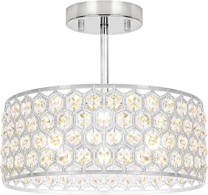 Lxybcce Chrome Crystal Ceiling Light Fixture - Modern Semi Flush Mount Ceiling Light for Hallway, Kitchen Lighting Fixtures Ceiling, Dazzling Prism Chandelier for Foyer Closet Bedroom, 3 Light, 12 in