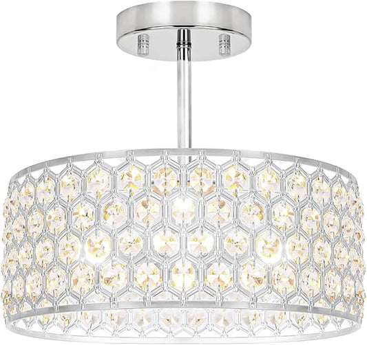 Lxybcce Chrome Crystal Ceiling Light Fixture - Modern Semi Flush Mount Ceiling Light for Hallway, Kitchen Lighting Fixtures Ceiling, Dazzling Prism Chandelier for Foyer Closet Bedroom, 3 Light, 12 in