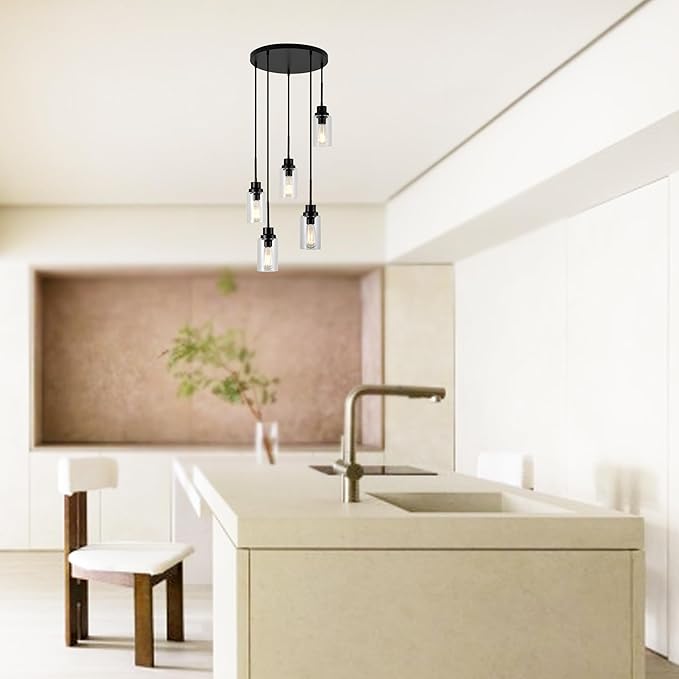 5-Light Kitchen Island Dimmable Pendant Lights with Clear Glass Shade, Black Finish for Dinning Room, Living Room, Kitchen Island