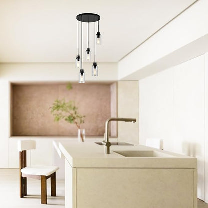 5-Light Kitchen Island Dimmable Pendant Lights with Clear Glass Shade, Black Finish for Dinning Room, Living Room, Kitchen Island