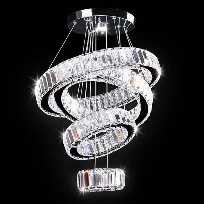 CLAIRDAI LED Crystal Chandeliers High Brightnes 4 Rings Adjustable Stainless Pendant Lighting Chandeliers for Bedroom Living Room Dining Room Dia 5.9-9.8"-13.8"-17.7" 6500K Cool White