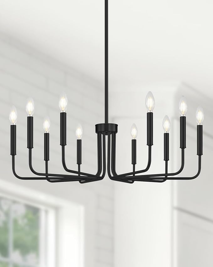 Yunnix 10 Light Black Chandelier, 33" Extra Large Modern Farmhouse Chandelier - Matte Black Hanging Light Fixture Industrial Dining Room Light for Kitchen Island, Living Room, Hall, Foyer