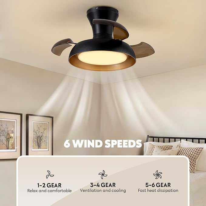23 Inch Black and Gold Ceiling Fan with Light and Brown Retractable Blades Small Led Light Fixture Ceiling Modern Fandelier Fan Lights Cei ling Fixtures for Bedroom Dining Room Kitchen