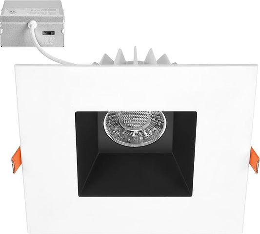 Maxxima 6” Ultra-Thin Recessed Anti-Glare LED Downlight Canless IC Rated 1200 Lumens 5 CCT Select 2700K/3000K/3500K/4000K/5000K Dimmable Square White Trim Black Baffle 90 CRI 5CCT Slim J-Box Included