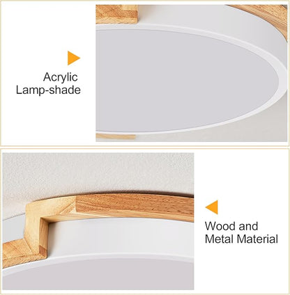 Modern LED Close to Ceiling Light, Round Flush Mount Ceiling Lighting Fixture, Matte White with Wood Accent, Minimalist Kitchen Light Fixtures for Bedroom, Entryway, Living Room, 15.8in