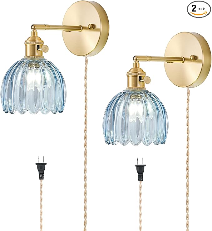 Plug in Wall Sconces Set of 2, Vintage Wall Sconce Light with Tulip Denim Blue Glass Lampshade, Bedroom Wall Sconce with Switch and Plug in wall lamp Cord, Gold Wall Light Wall Decor Set of 2