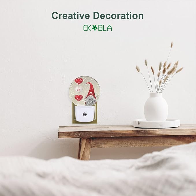 EKOBLA Valentine's Day Gnome Plug-in Night Light, Red Heart & Snowflake LED Nightlight with Auto Sensor, Gift for Men, Women & Kids