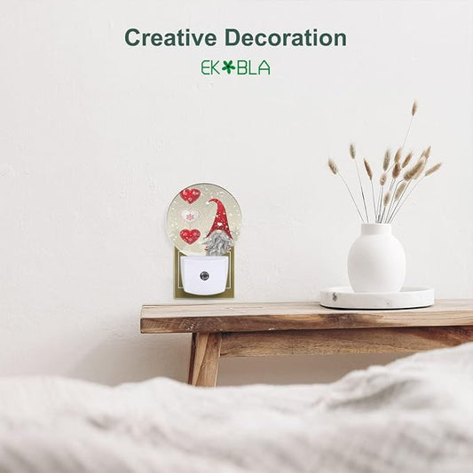 EKOBLA Valentine's Day Gnome Plug-in Night Light, Red Heart & Snowflake LED Nightlight with Auto Sensor, Gift for Men, Women & Kids