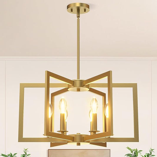 Modern Gold Chandelier, 6-Light Geometric Dining Room Light Fixture, Industrial Pendant Lights Kitchen Island, Hanging Metal Farmhouse Chandelier for Bedroom, Entryway, Foyer, Kitchen, Living Room