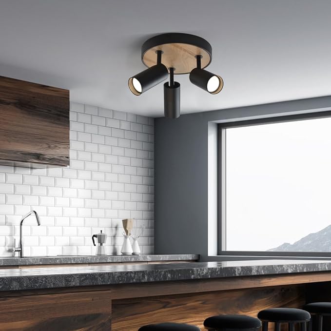Track Lighting Fixtures Ceiling 3-Light,Spotlight Indoor for Bedroom,Aluminum&Adjustable Lampshade,Black and Wood Track Lighting for Kitchen,Laundry,Bathroom,Small Space,Gu10 Directional Ceiling Light
