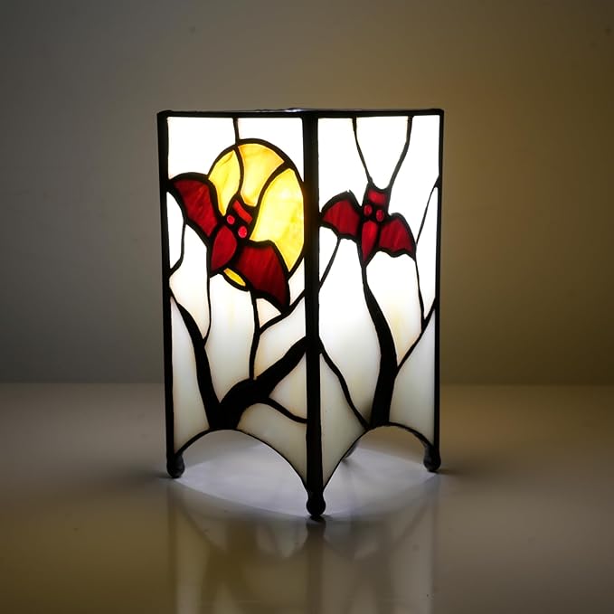 Tiffany Lamp Halloween Red Bat in Moon Small Bedside Lamp Antique Style Stained Glass Desk Light for Home Decor Boys Girls Christmas Halloween Gifts