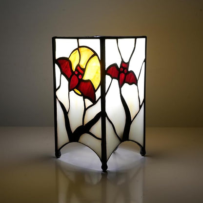 Tiffany Lamp Halloween Red Bat in Moon Small Bedside Lamp Antique Style Stained Glass Desk Light for Home Decor Boys Girls Christmas Halloween Gifts