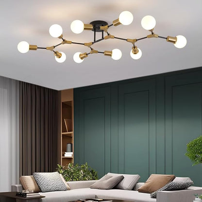 Modern Mid Century Gold and Black Sputnik Semi Flush Mount Ceiling Lighting Fixture for Living Room Dining Room Bedroom Kitchen Island Office, Minimalist Metal 10 Light Chandelier