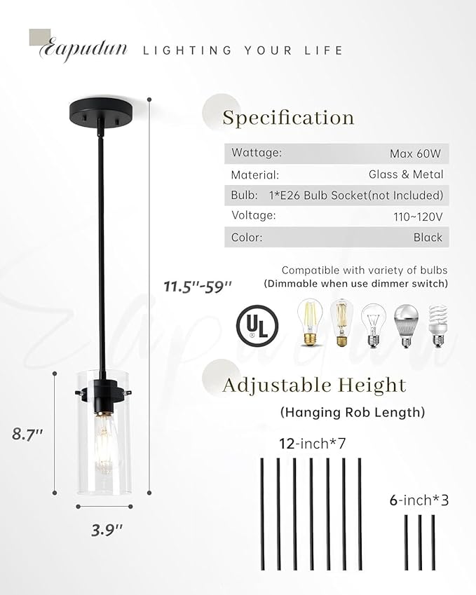 EAPUDUN Pendant Lights Kitchen Island (3 Pack), Clear Glass Shade Kitchen Lighting fixtures Ceiling Hanging, Black Pendant Lights for Kitchen Island,Dining Room,Corridor Bedroom E26 Base