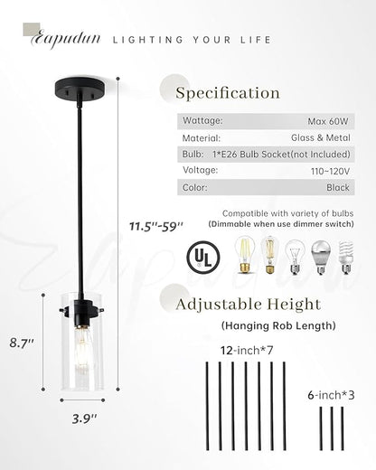 EAPUDUN Pendant Lights Kitchen Island (3 Pack), Clear Glass Shade Kitchen Lighting fixtures Ceiling Hanging, Black Pendant Lights for Kitchen Island,Dining Room,Corridor Bedroom E26 Base