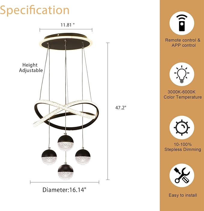 Modern Black LED Chandeliers, LED Pendant Light Dining Room Light Fixtures Over Table Dimmable with Remote Control Adjustable Modern Chandeliers for Dining Room Kitchen Island Living Room Bedroom