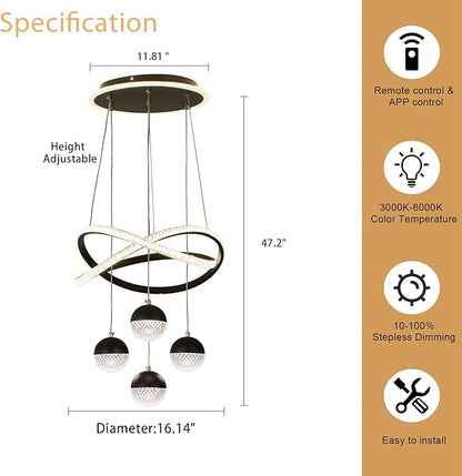 Modern Black LED Chandeliers, LED Pendant Light Dining Room Light Fixtures Over Table Dimmable with Remote Control Adjustable Modern Chandeliers for Dining Room Kitchen Island Living Room Bedroom