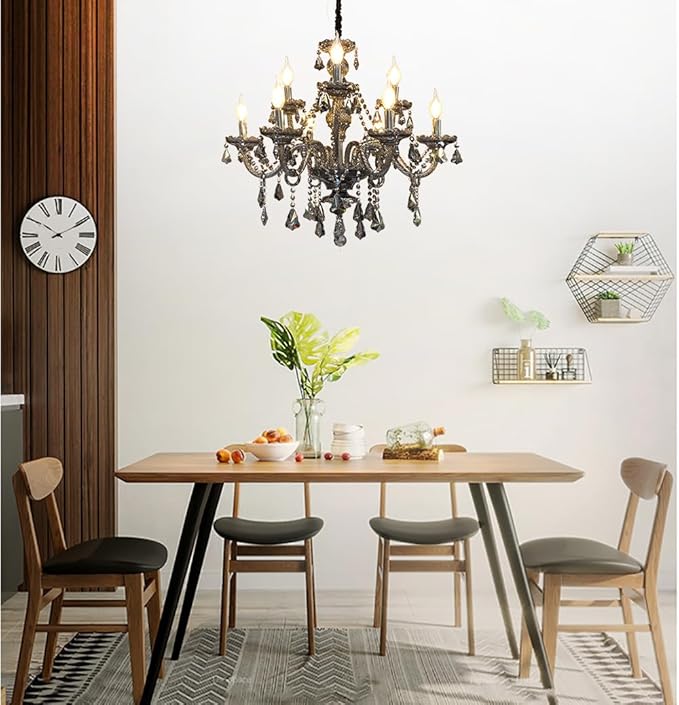 Luxury Crystal Chandelier Smoke Gray,Double Layer K9 Crystal Chandelier Light Fixtures 9-Light Candle Style Crystal Ceiling Light Lamp for Dining Living Room Bedroom