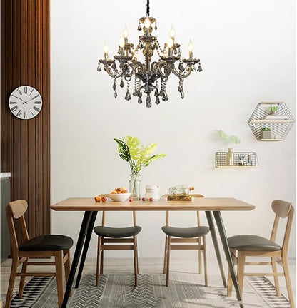 Luxury Crystal Chandelier Smoke Gray,Double Layer K9 Crystal Chandelier Light Fixtures 9-Light Candle Style Crystal Ceiling Light Lamp for Dining Living Room Bedroom