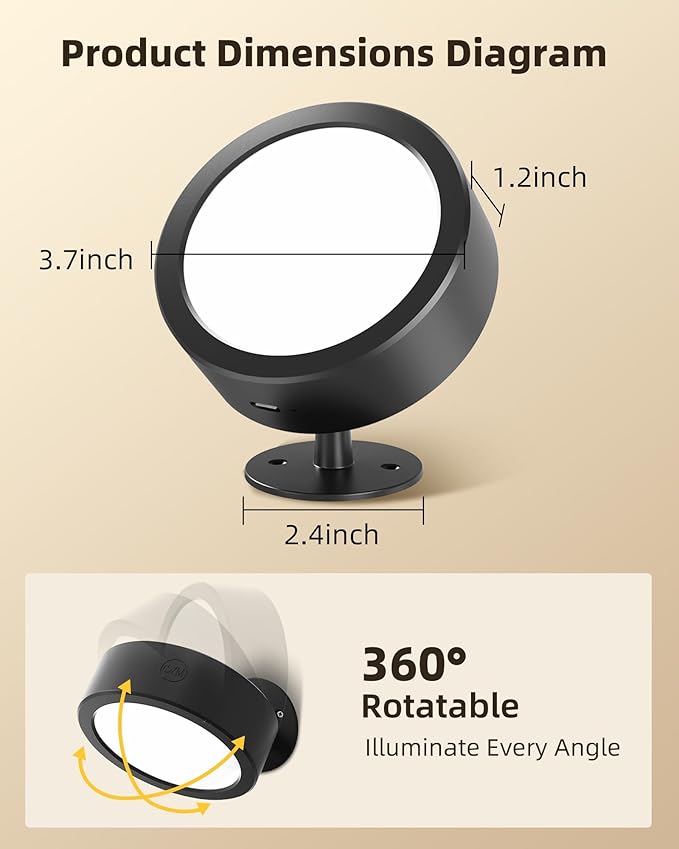 EZVALO LED Wall Mounted Lights, 3000mAh Rechargeable Wall Light Wall Sconces Lamp, 3 Color Temps & Remote and Touch Control, 360°Rotation Dimmable Cordless for Bedroom Reading Study Bedside (Black)